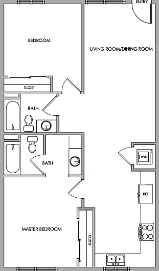 2D Floor Plan Rendering - Two-Bedroom, Two-Bathroom | Option 10 2D Floor Plan Rendering - Two-Bedroom, Two-Bathroom | Option 10