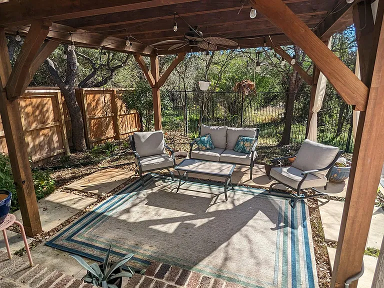 Covered patio with lights and fan