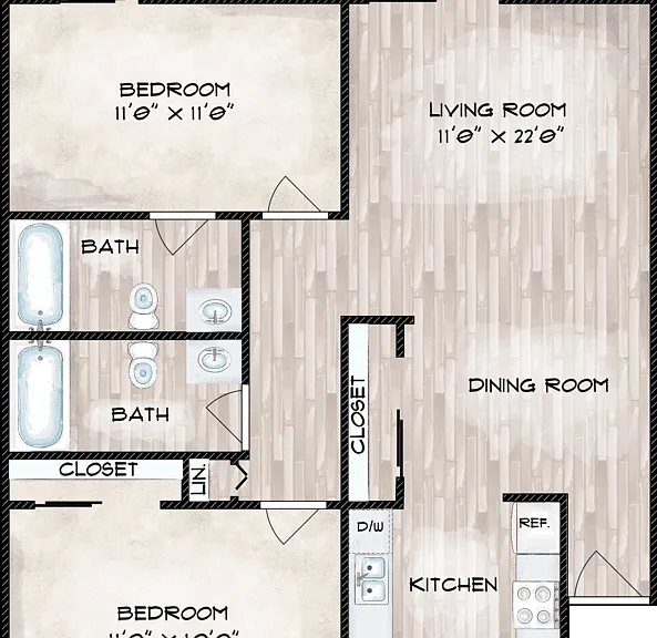 Two Bedroom Two Bath Floorplan Diagram