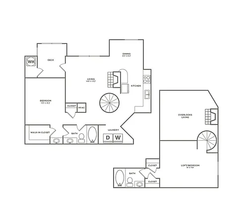 Floor plan One Bedroom Two Bath Loft (1046 SF)