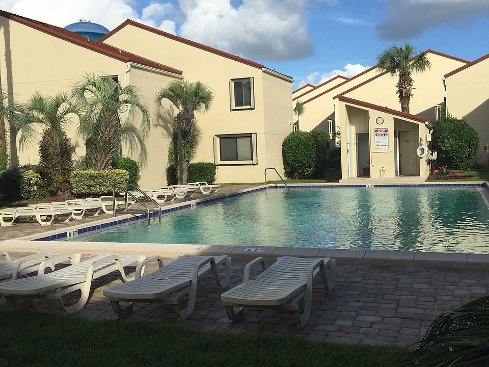 Pool is steps from patio 