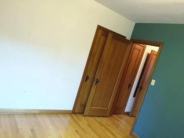 Back bedroom reverse showing accent wall and closet.