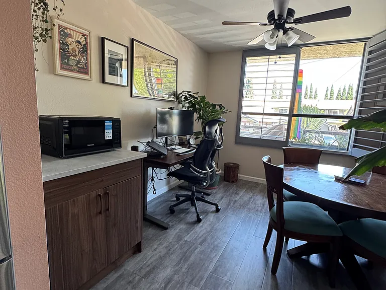 View from kitchen toward dining area.