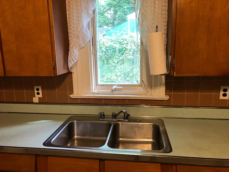 Stainless steel double bowl sink, view overlooking side yard