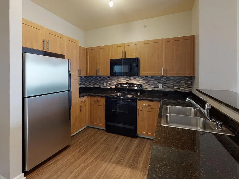 Apartment kitchen with granite countertops and wood-style flooring.