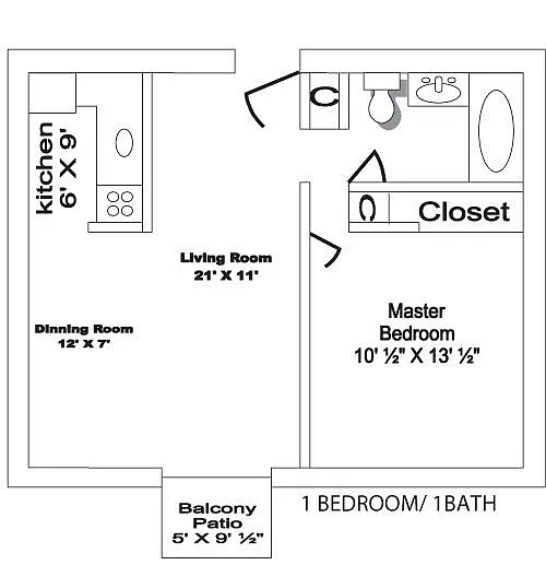 Floor plan 1 Bed, 1 Bath