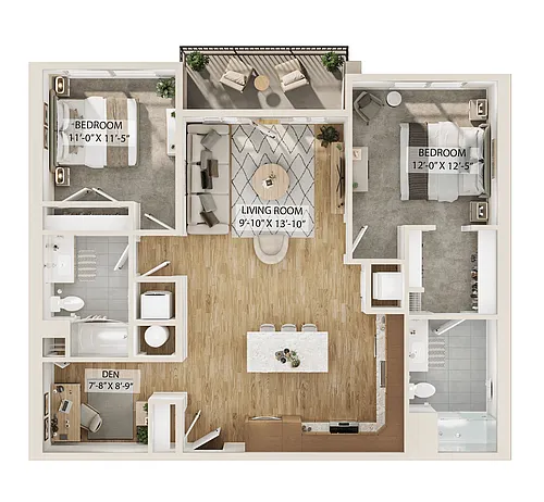 Floor plan 2 Bed/2 Bath Den-B1D