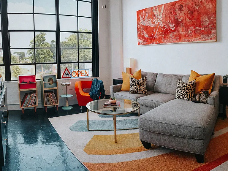 Factory Windows Living Room with Colorful Decor