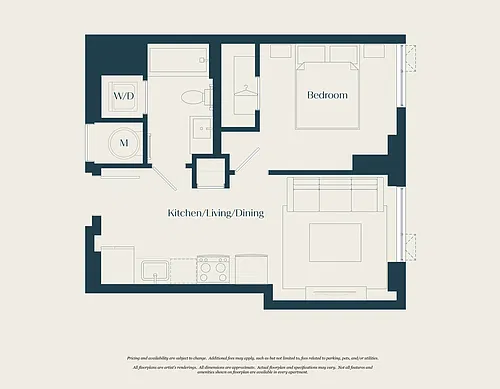 Floor plan 1 Bed - 1 Bath | AJ1A