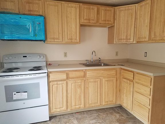 This is the kitchen with newer cabinets,stove and kitchen counter