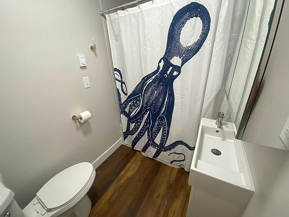 Single bathroom includes bathtub/shower. Huge mirror with inside storage space. Radiant heating