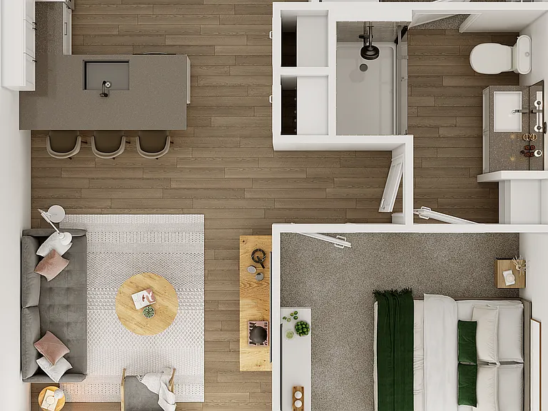 Explore this contemporary one-bedroom apartment with a chic layout and inviting balcony space. Explore this contemporary one-bedroom apartment with a chic layout and inviting balcony space.