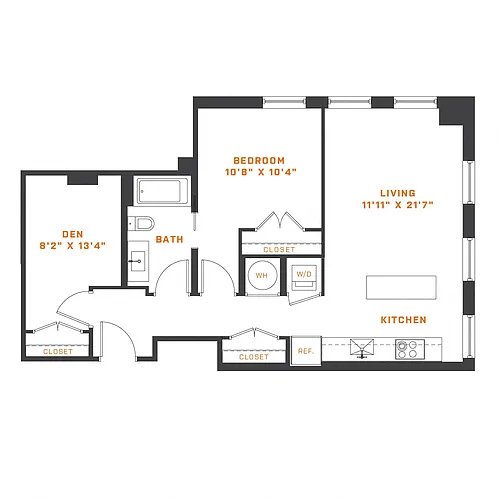 Floor plan 1 Bedroom Den - 1 Bath | AD1
