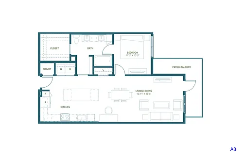 Floor plan A8 1 Bed 1 Bath