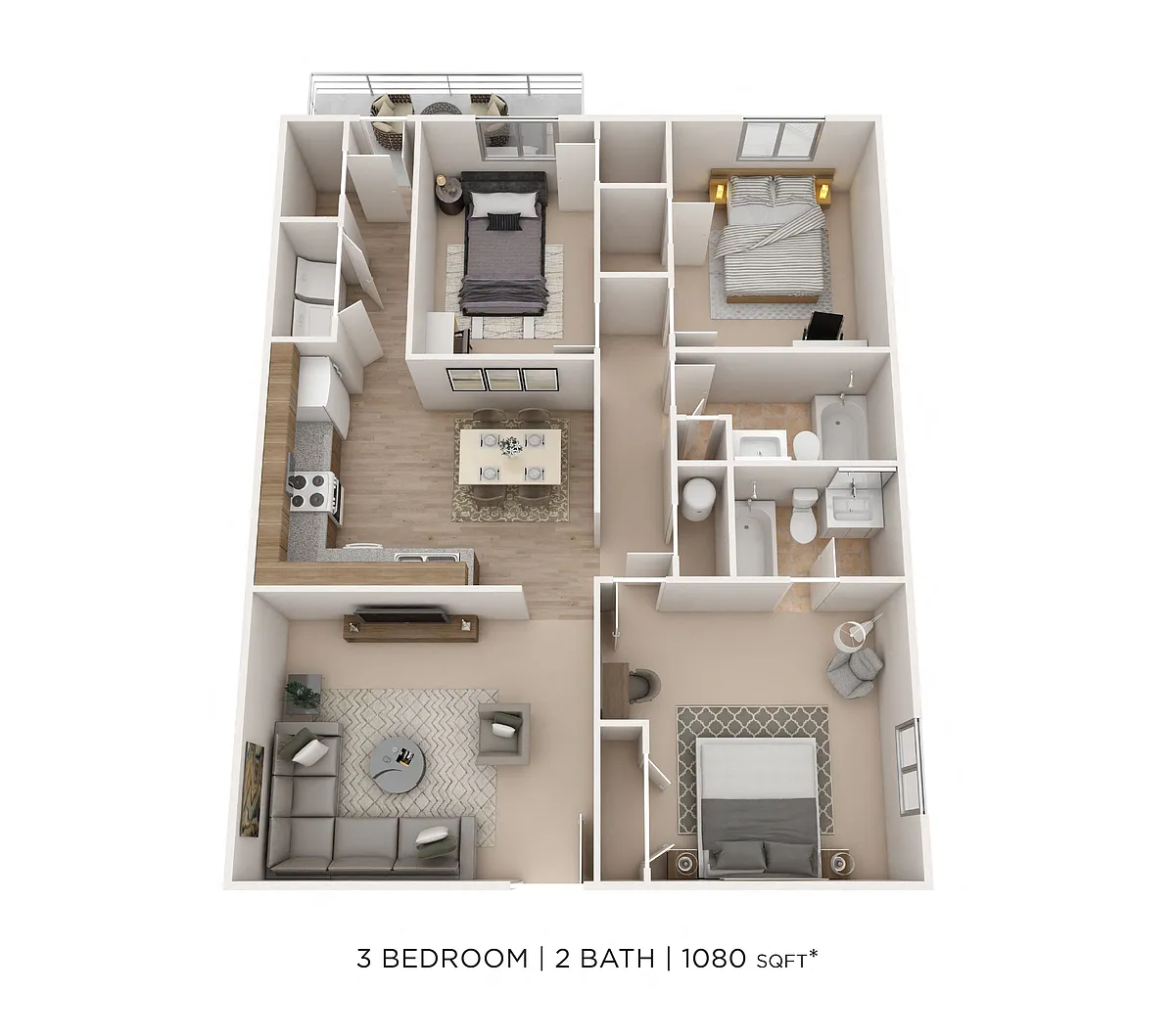 Floor plan Three Bedroom 2 Bath- 1080 sqft