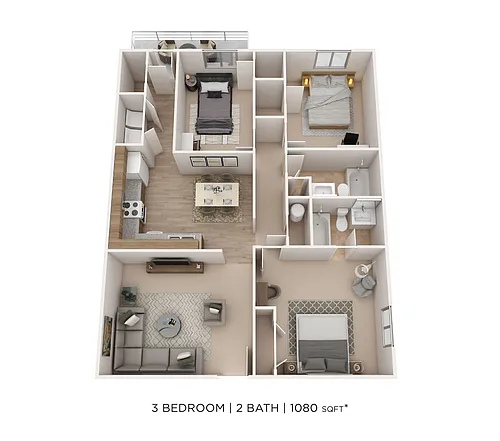 Floor plan Three Bedroom 2 Bath- 1080 sqft