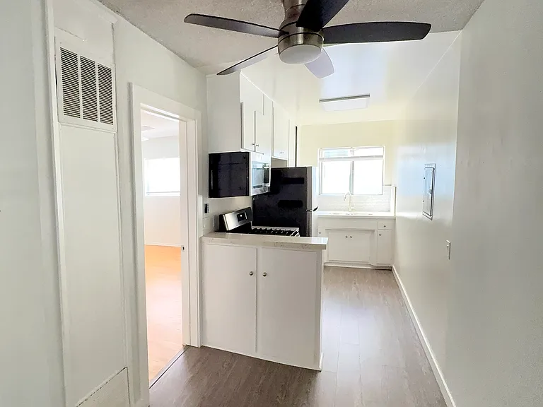 Entryway into the kitchen and into the bedroom.