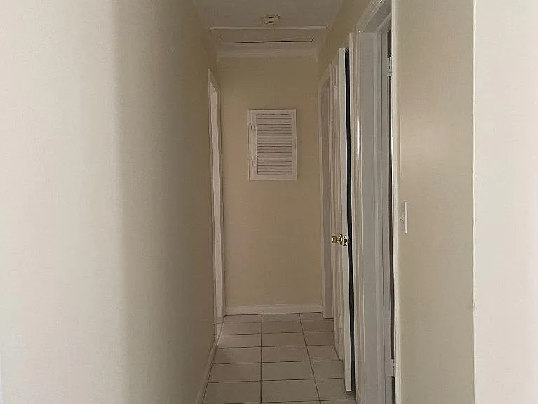 Hallway to 2 bedrooms and guest bath and storage closet on the right