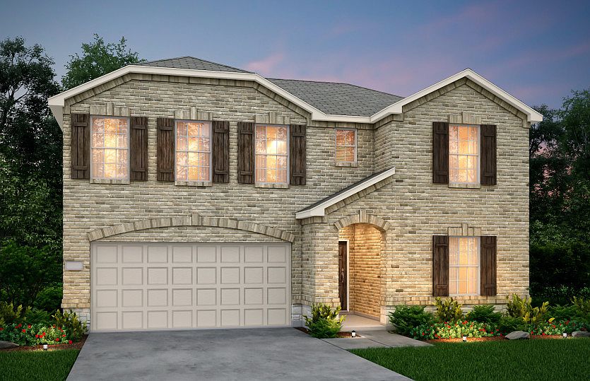 The Thomaston, a two-story home with 2-car garage, shown with Home Exterior E