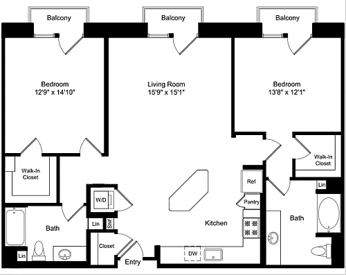 Floor plan Two Bed B4 with 3 Balconies