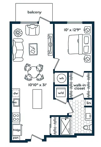 Floor plan One Bedroom One Bath (694 SF)