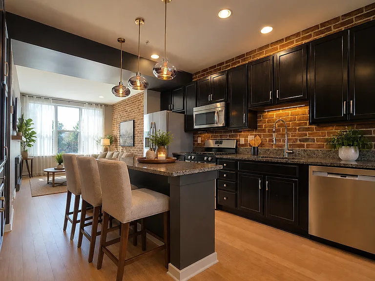 AI staging of current kitchen with the currently installed lighting. Only furniture and decor have been added