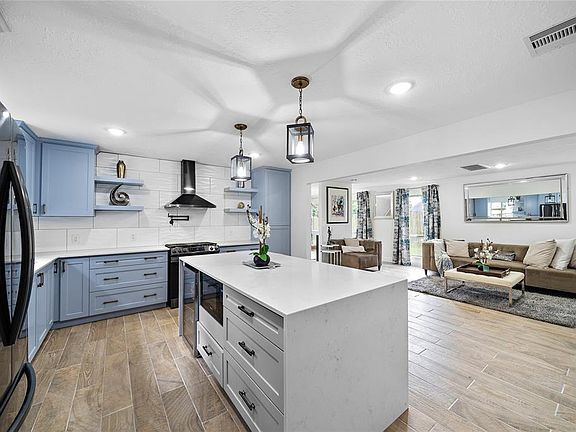 Beautiful windy blue color for the kitchen cabinets. Quartz countertops with a waterfall island. The kitchen has a reverse osmosis water system and pot filler by the five burner gas stove. All the appliances are brand new and included.