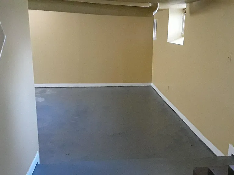 Finished basement with painted concrete floor