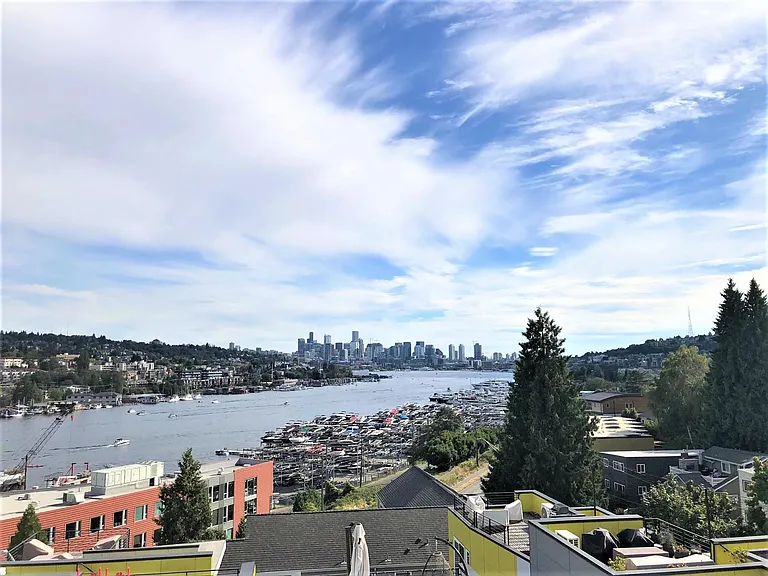 Rooftop deck with views of downtown Seattle, Space Needle, South Lake Union and the University Bridge.
