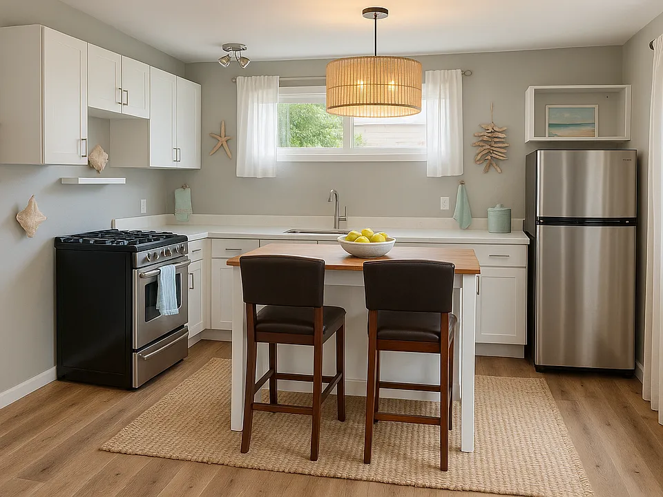Kitchen with center island-virtually staged. Decor is not included.
