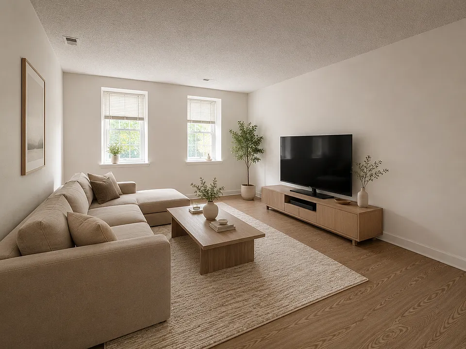 Bright and spacious living area with updated flooring and an open layout flowing into the dining area.