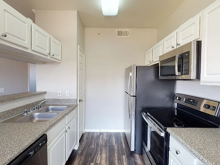 Apartment kitchen with stainless steel appliances and wood-style flooring in select homes.