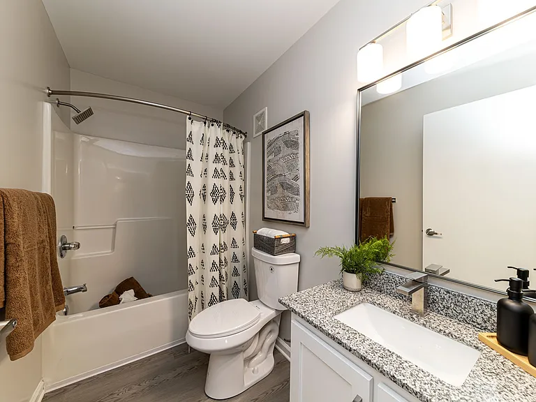 Bathroom with granite counters and bathtub