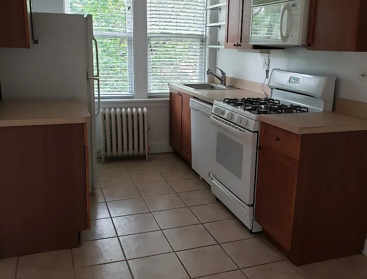 Another kitchen view showing windows trees and wood cabinets plus open shelves by the window perfect for plants and mugs