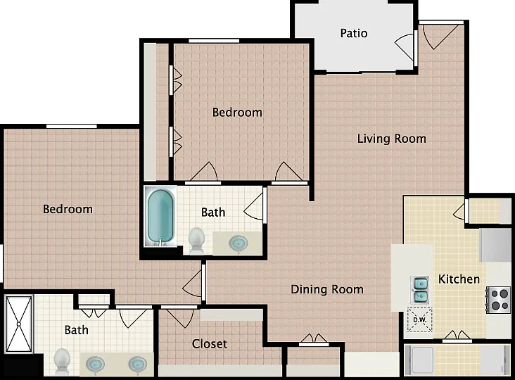 2 Bed 2 Bath Floorplan Diagram