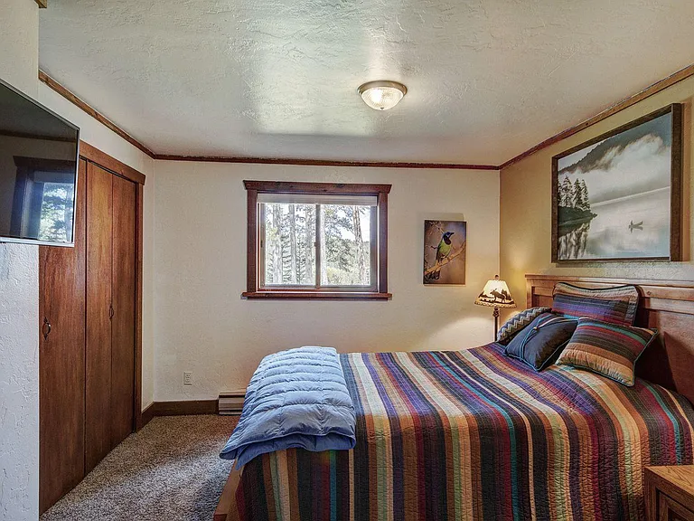 Large master bedroom with queen-size bed and two-door clothes closet