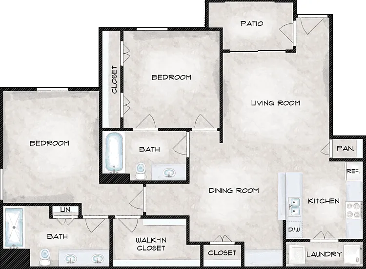 2 Bed 2 Bath Floorplan Diagram