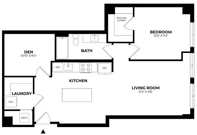 Floor plan 1 Bed/1 Bath Den-B15