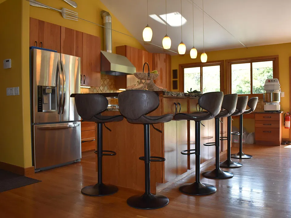 6 Comfy Bar Stools, Gourmet Kitchen with Black Walnut Breakfast Bar