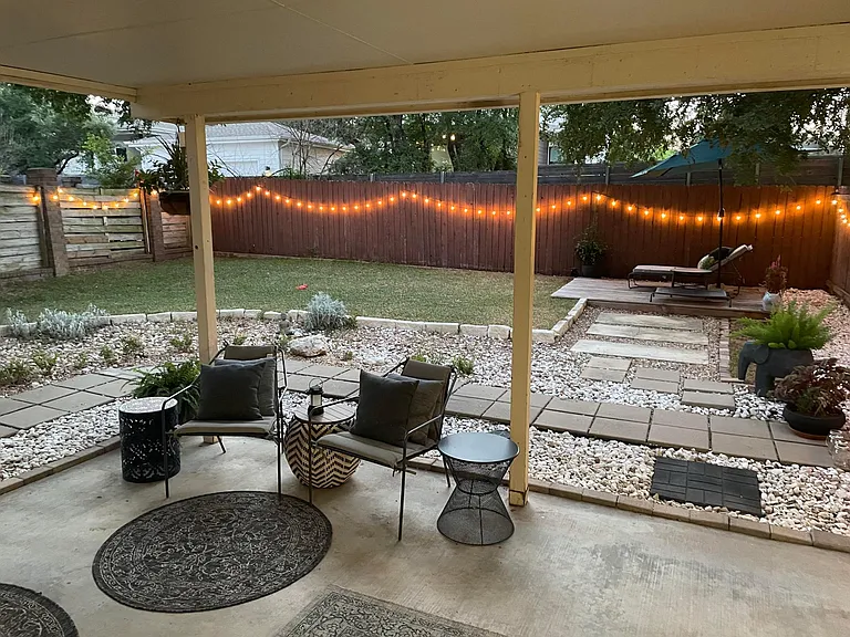 Backyard - evening with twinkle lights.
