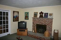 Family room with wood burning fireplace