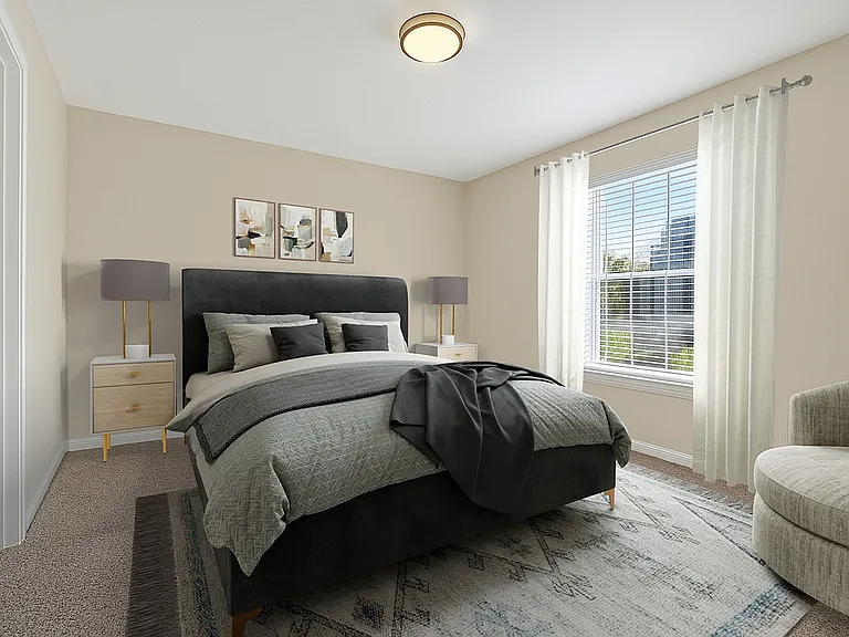 Bright and cozy bedroom featuring a plush bed, modern nightstands, and a large window with elegant curtains, perfect for relaxation.