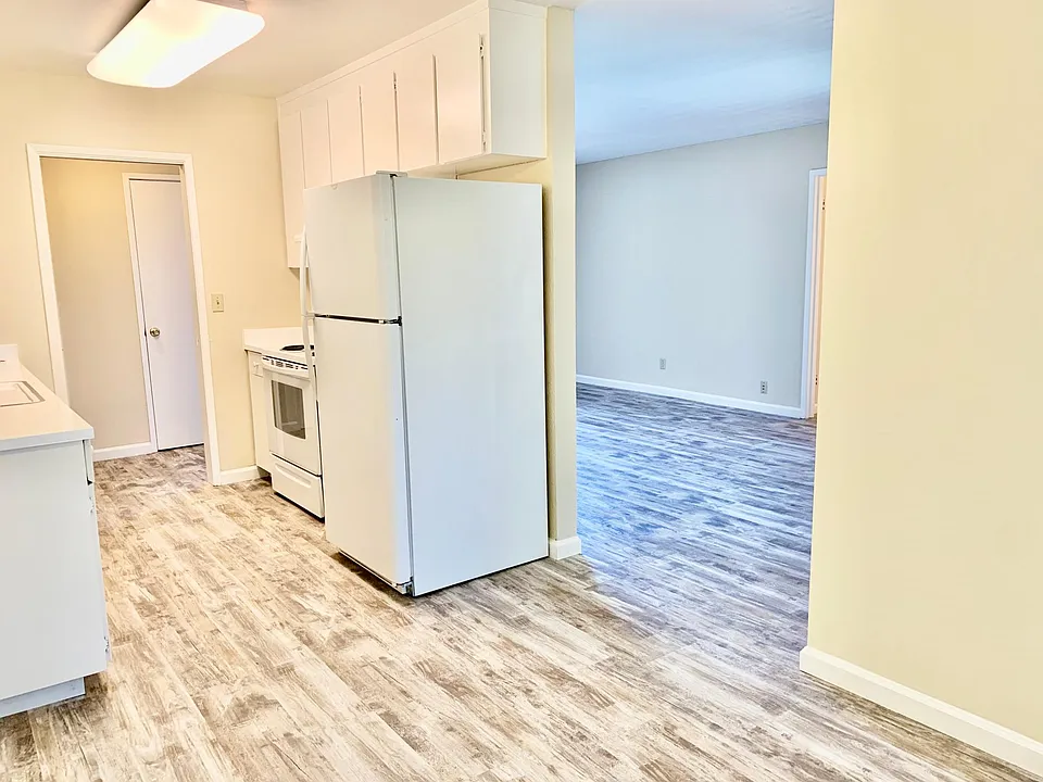 View from dining room looking into kitchen and living area