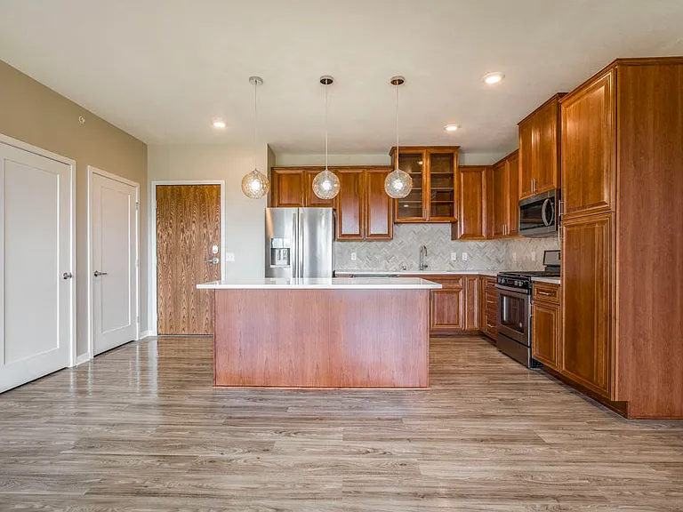 Our premium design packages features premium finishes in the kitchen, including upgraded light fixtures, quartz countertops, custom cabinetry, a gas stove and other upgrade appliances.
