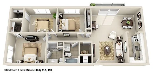 Floor plan Mid-Rise 3 Bedroom, 2 Bath