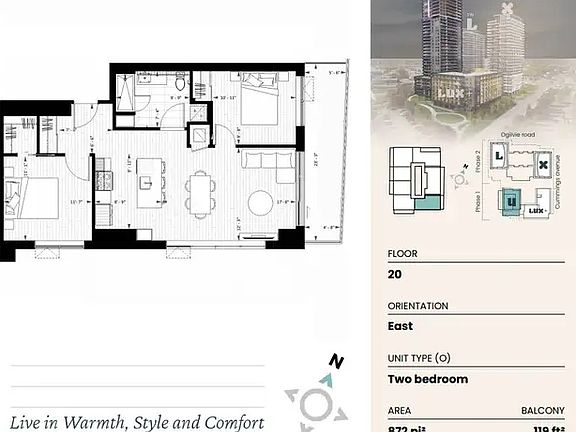 TYPE O Floorplan of two bedroom plus one bathroom.