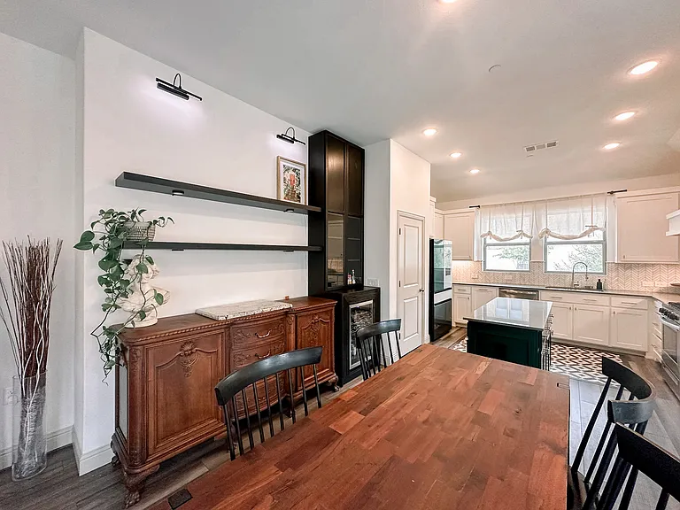 Hutch and open shelves with wine fridge