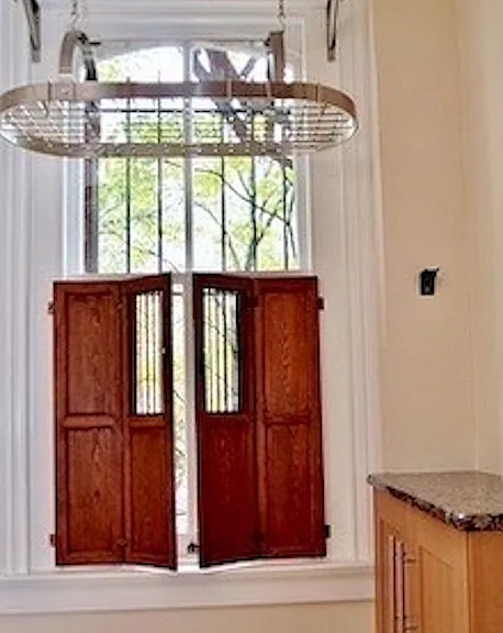 Kitchen, ceiling rack above island, with side cabinet