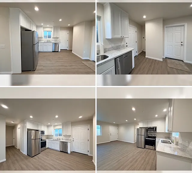 KITCHEN with Quartz countertops and large stainless-steel (SS) sink, new SS appliances provided (refrigerator, electric stove/oven, microwave)
New washer & dryer provided indoors as well