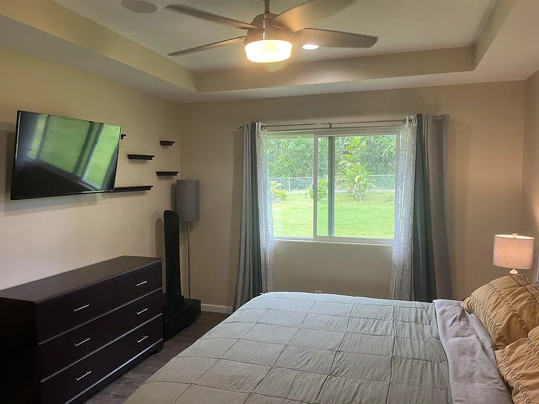 Furnished w Queen size bed, dresser, tv, lighting and display shelves. Some bedding and linens incl